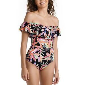 La Blanca Women's Best Escape Printed Off-the-Shoulder One-Piece Sz 8 New